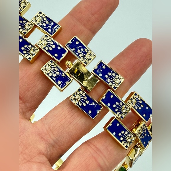 Rare Lulu Frost Signed Blue Enamel Gold Statement Necklace 17” Excellent Cond. - Picture 17 of 17